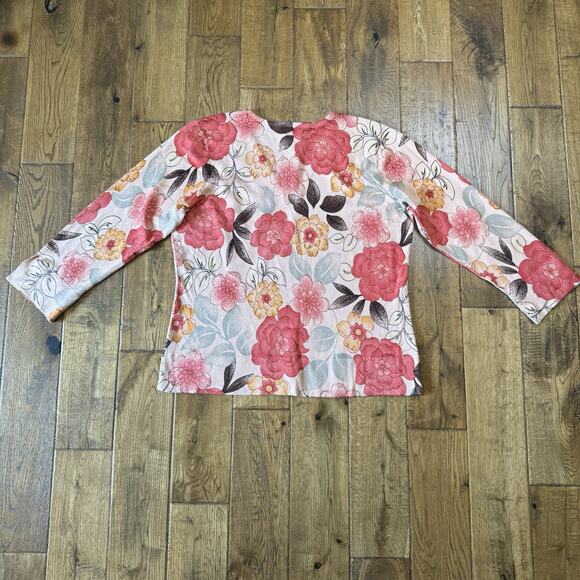Shore Sweaters - Shore Coral Peach Floral Silk Blend V-Neck Sweater Womens Sz XL Sequens